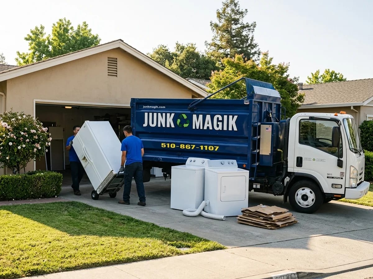 AI-generated image of a Junk Magik crew loading a refrigerator, washer and dryer from a home's driveway