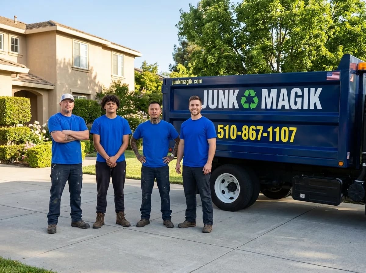 Four Junk Magik crew members standing in front of the company dump truck on a residential driveway.
