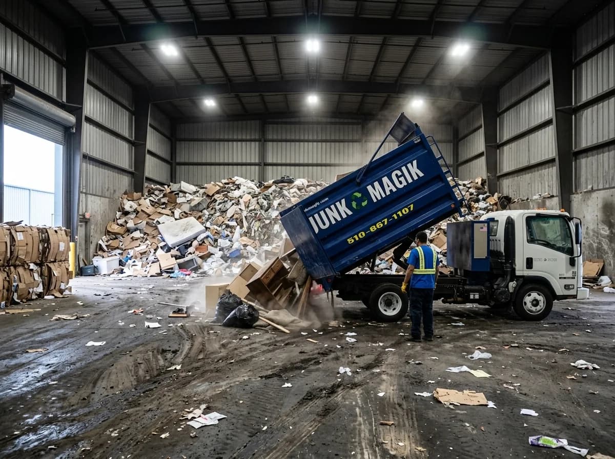 A Junk Magik truck tipping a load onto a sorting floor inside a waste transfer station, with baled cardboard stacked alongside.