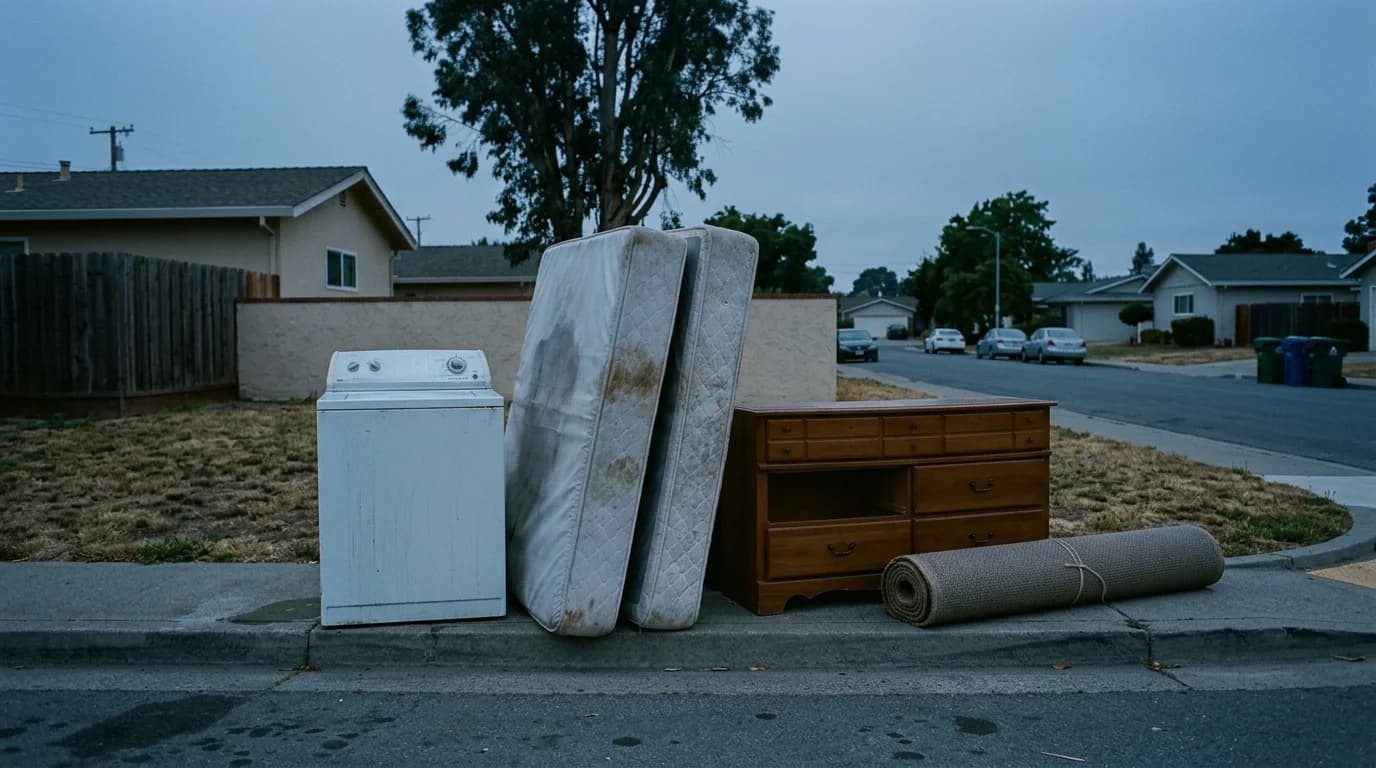 A washing machine, two stained mattresses, a wooden dresser and a rolled carpet set out at the kerb at first light.