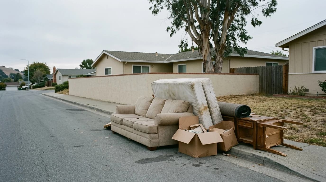 An old couch, a stained mattress, open cardboard boxes, a rolled carpet and a broken side table piled at the kerb on a quiet residential street.