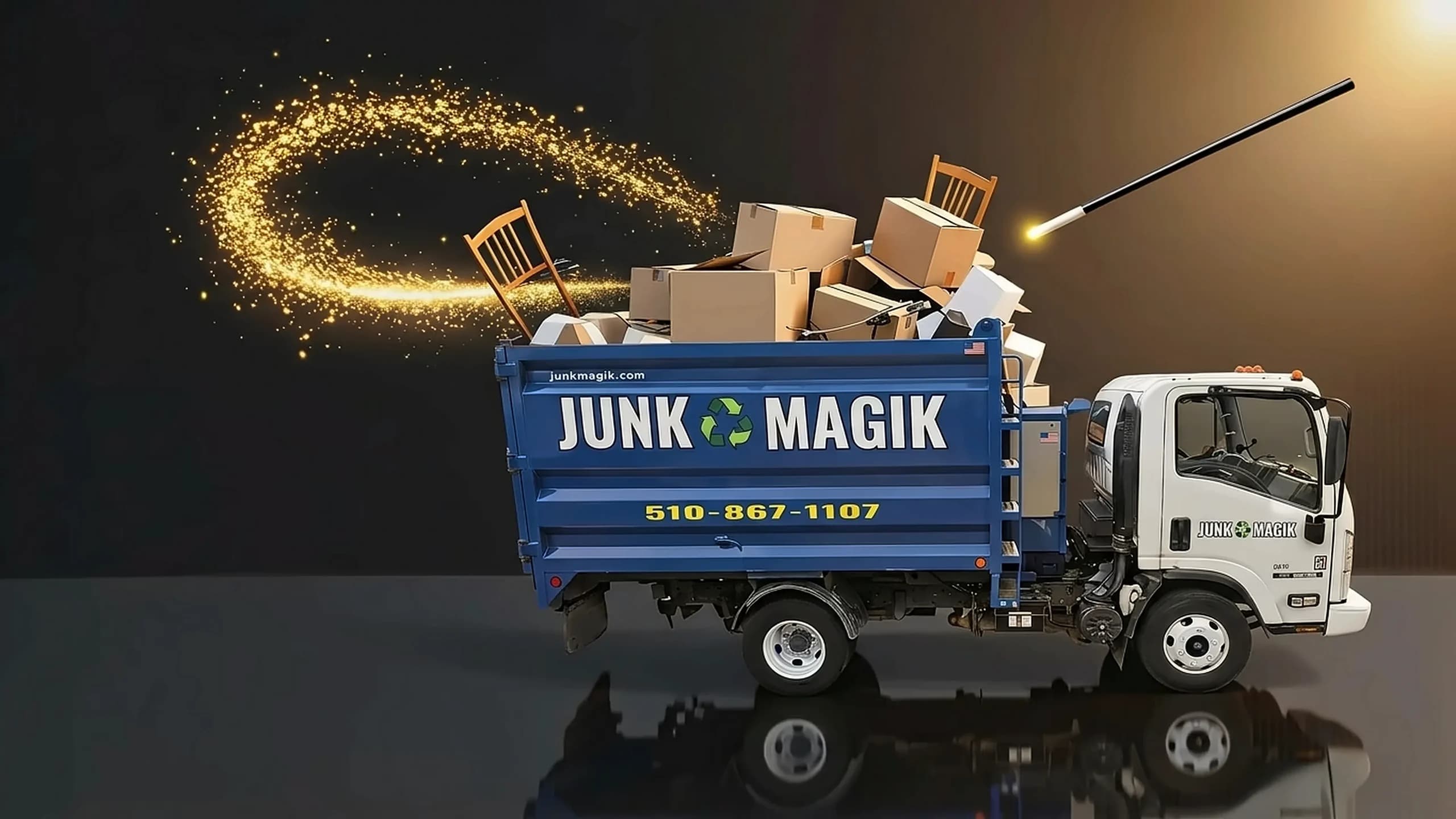 A junk removal truck filled with old furniture and boxes on its way out, gold sparkles trailing from a magic wand above the load.