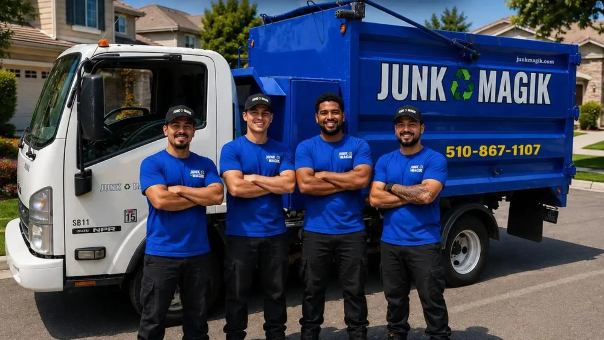 Four Junk Magik crew members in branded blue shirts and caps standing in front of the white and blue Junk Magik dump truck on a residential street.