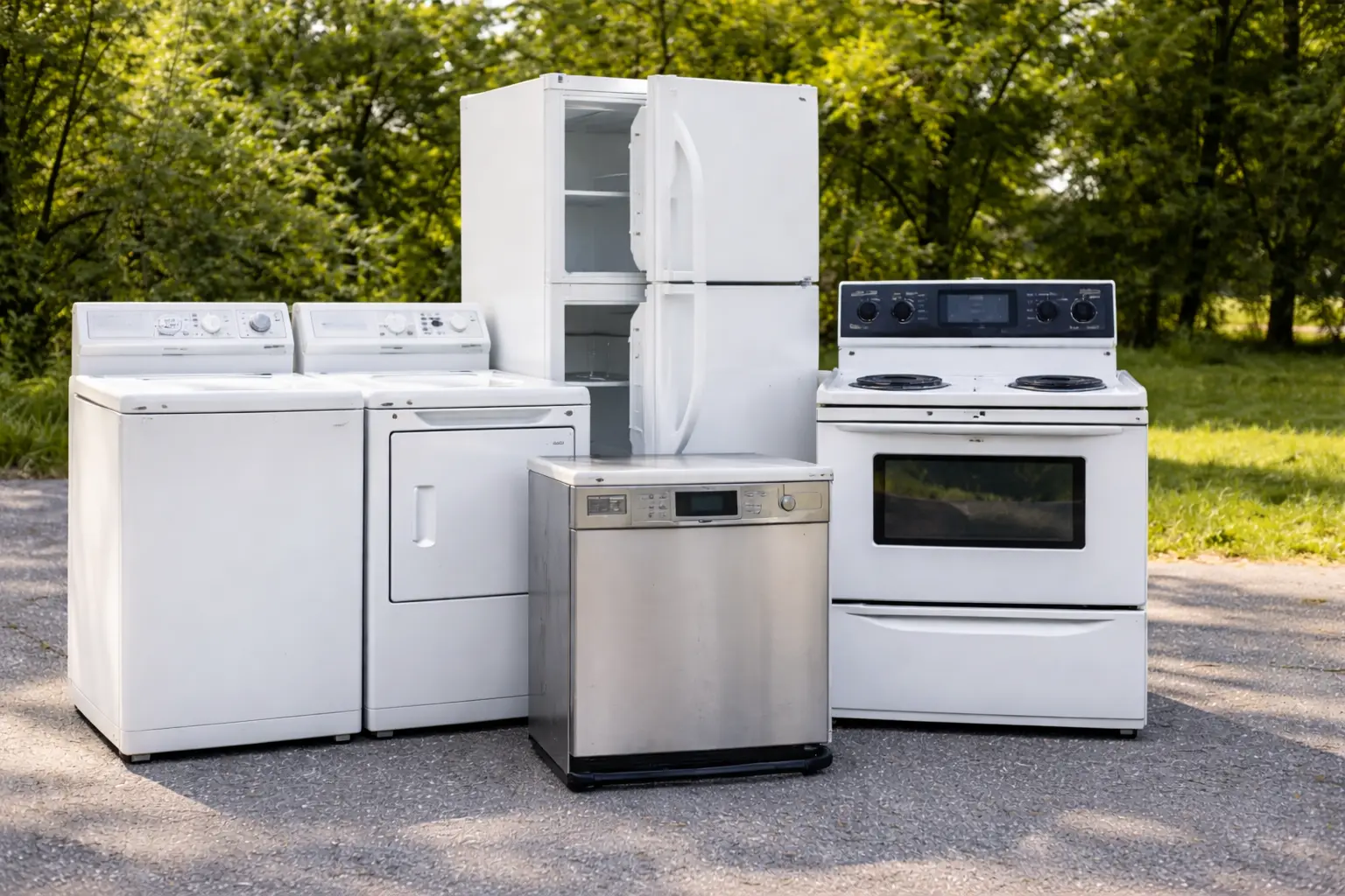 A washer, dryer, refrigerator with its doors open, dishwasher and electric range standing on a gravel driveway