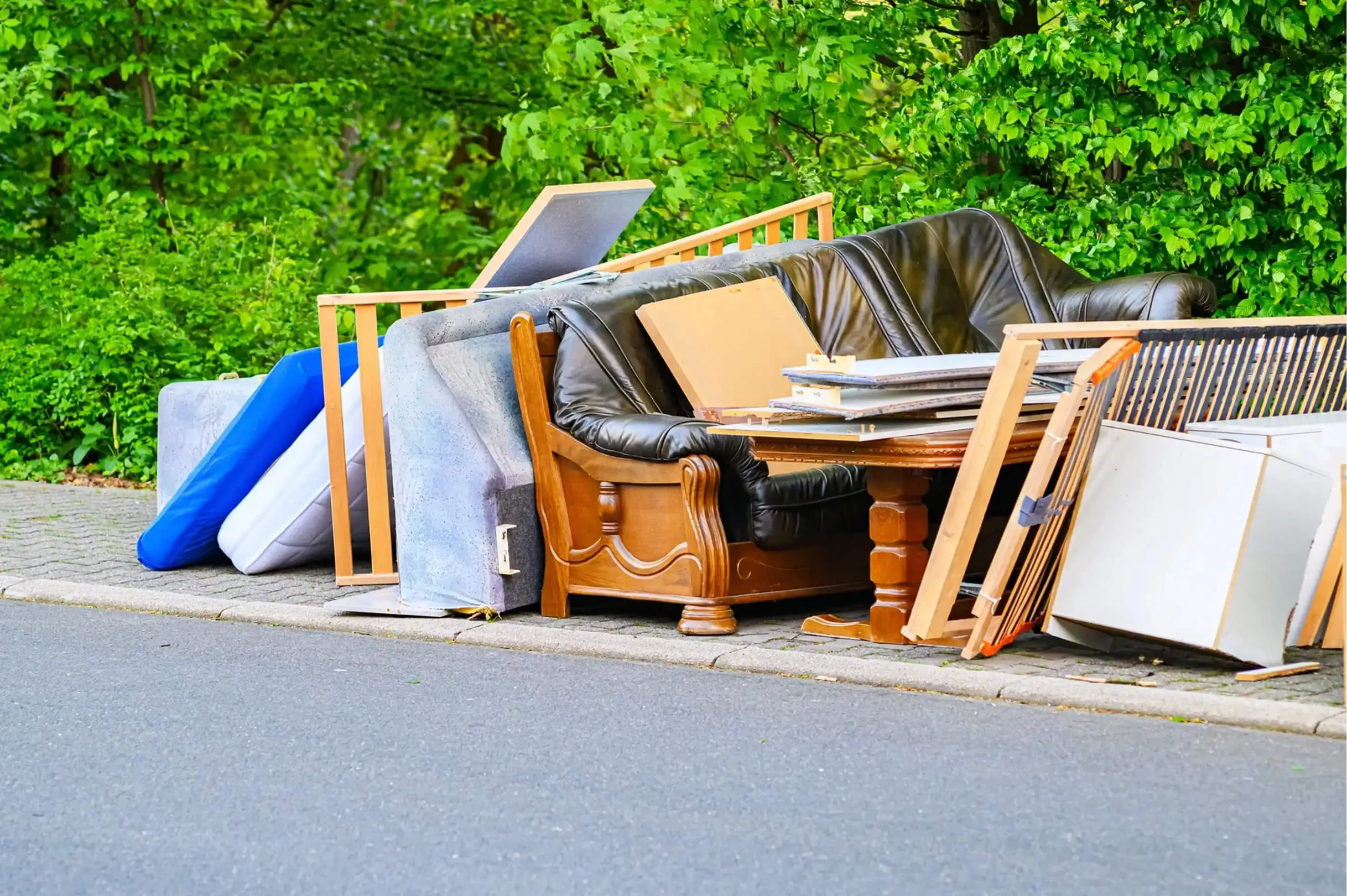 Discarded furniture, mattresses and bed frames lined up along a sidewalk beside leafy trees