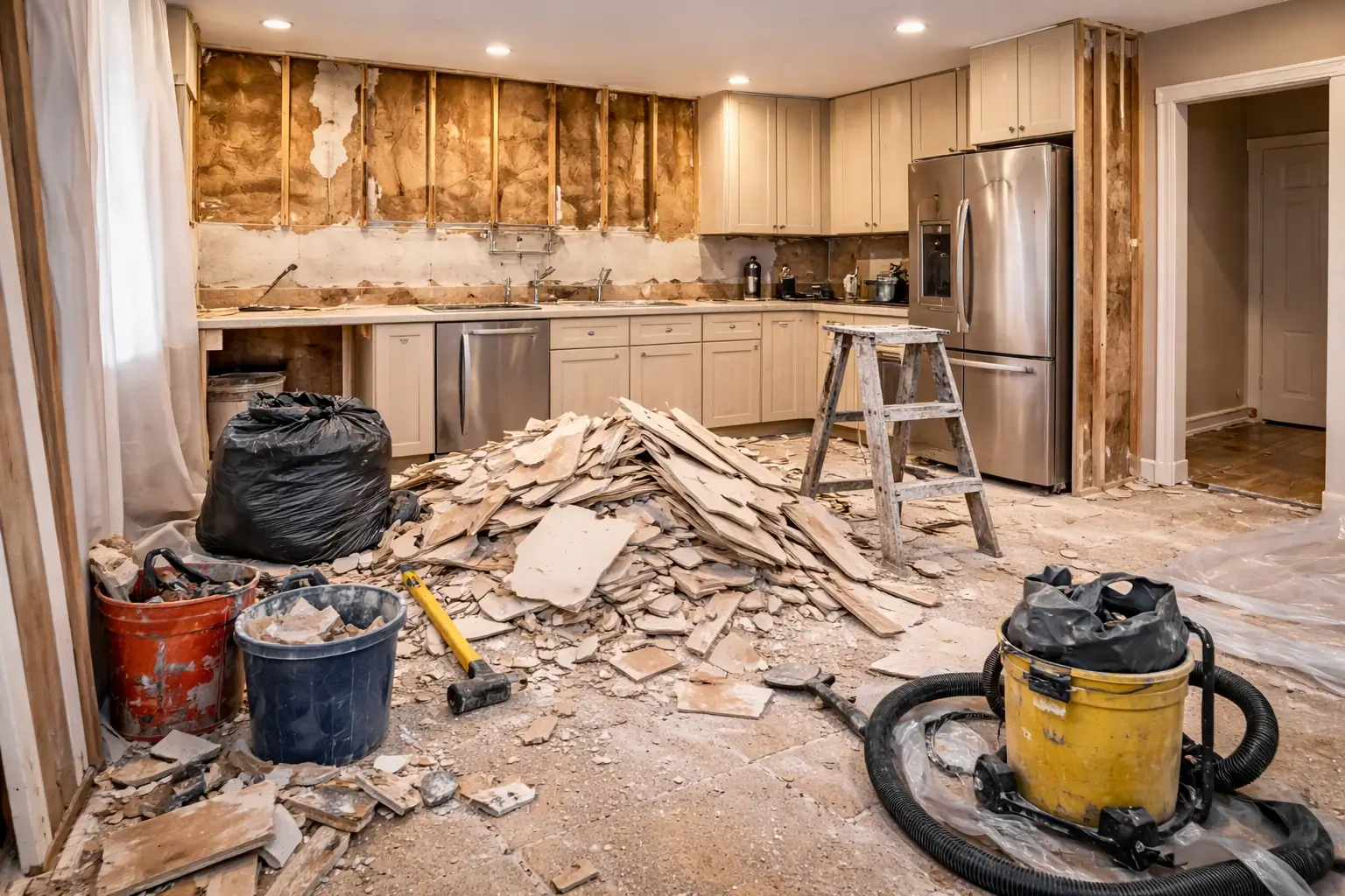 A kitchen mid-demolition with a pile of torn-out drywall on the floor, stripped wall studs, a stepladder, debris buckets and a shop vacuum