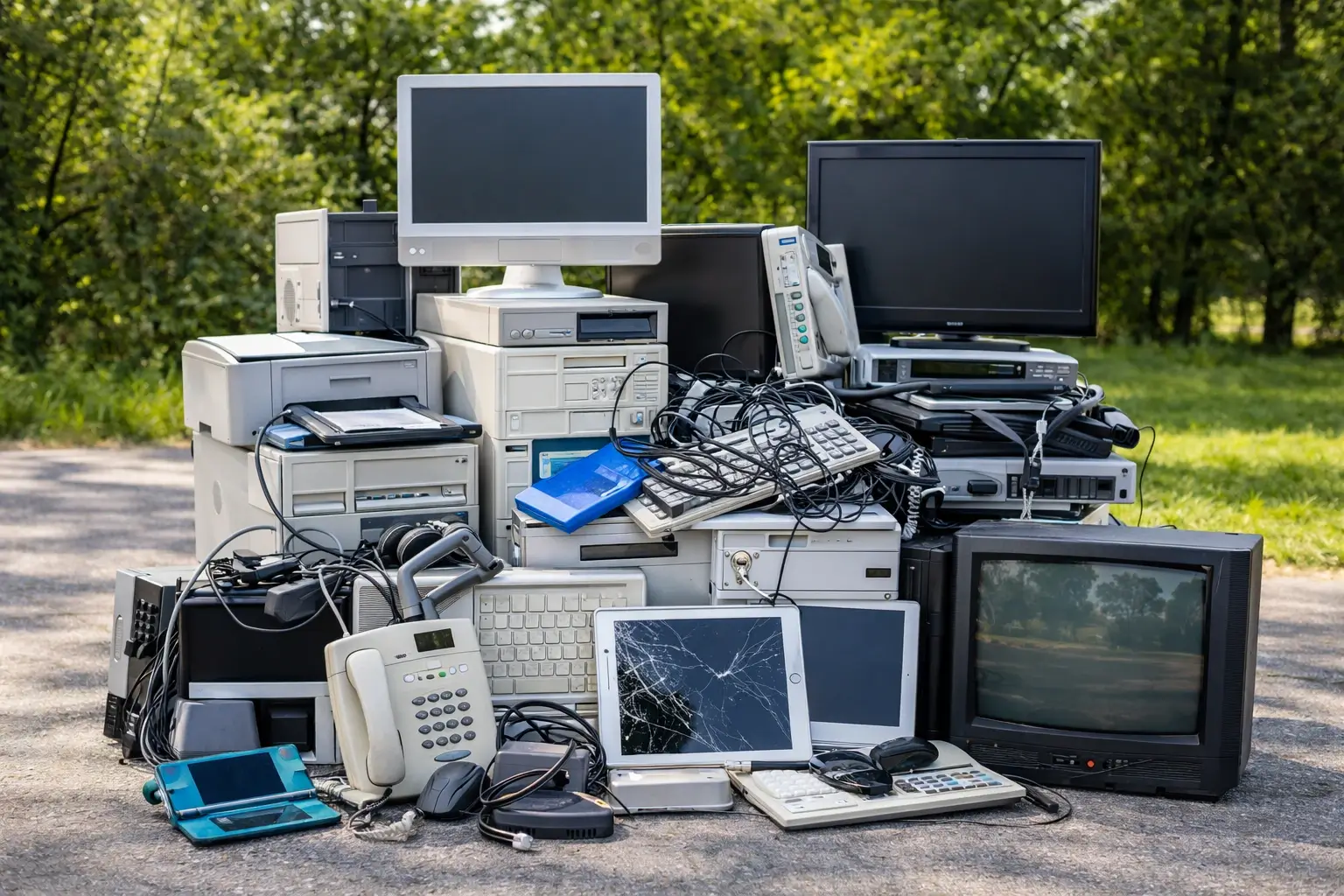 A pile of old electronics on a gravel driveway including a CRT television, flat-screen monitors, desktop towers, printers, keyboards, a cracked tablet and tangled cables