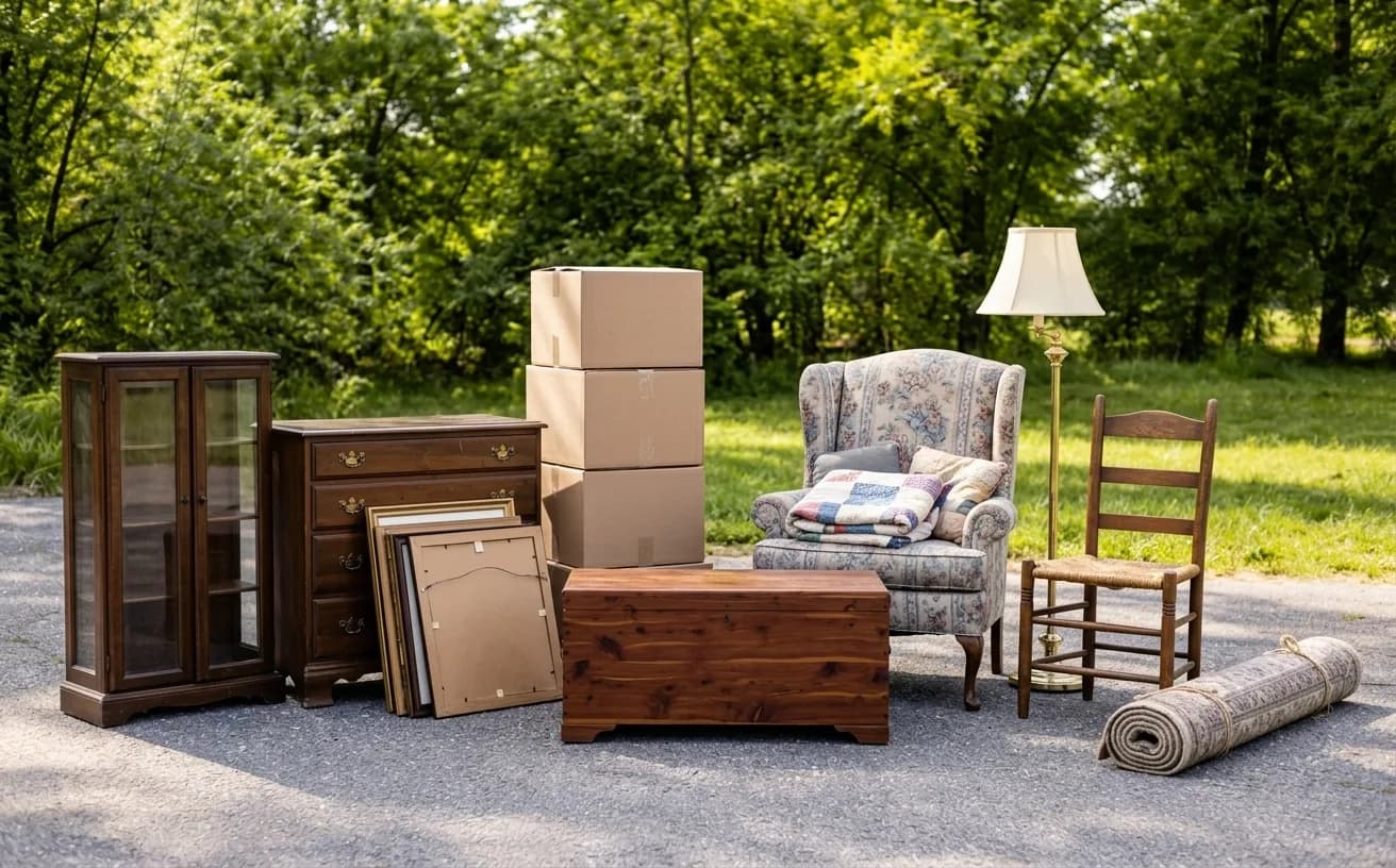 A china cabinet, dresser, cedar chest, floor lamp, wingback armchair with a folded quilt, stacked boxes and framed pictures turned face-in, set out on a gravel driveway