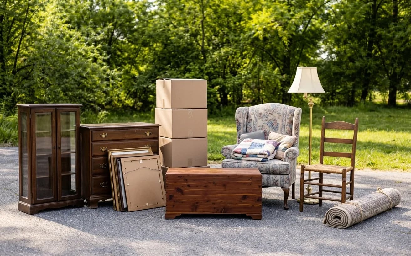 AI-generated image of a wingback armchair with a folded quilt beside a china cabinet and boxes on a driveway