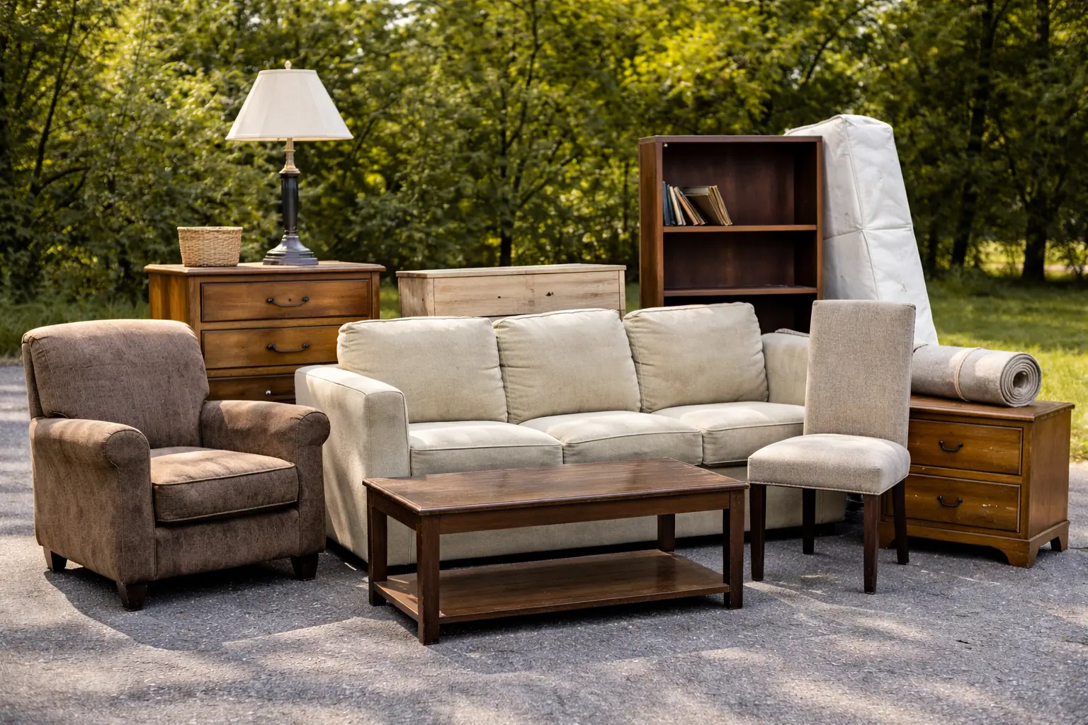 A couch, armchair, dresser, bookcase, coffee table and rolled rug set out together on a gravel driveway