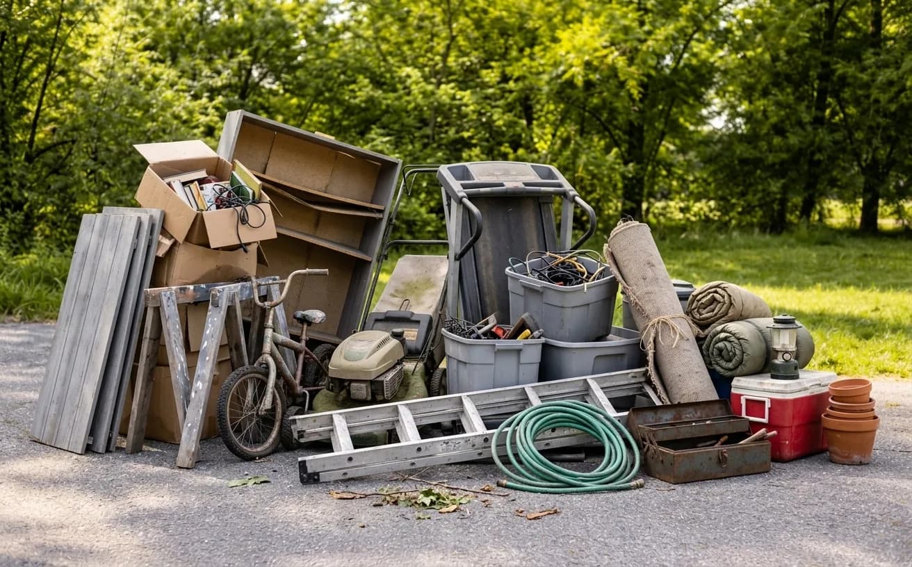 Cardboard boxes, a child's bicycle, a lawn mower, a treadmill, storage totes, an aluminum ladder, a garden hose and a toolbox grouped on a gravel driveway
