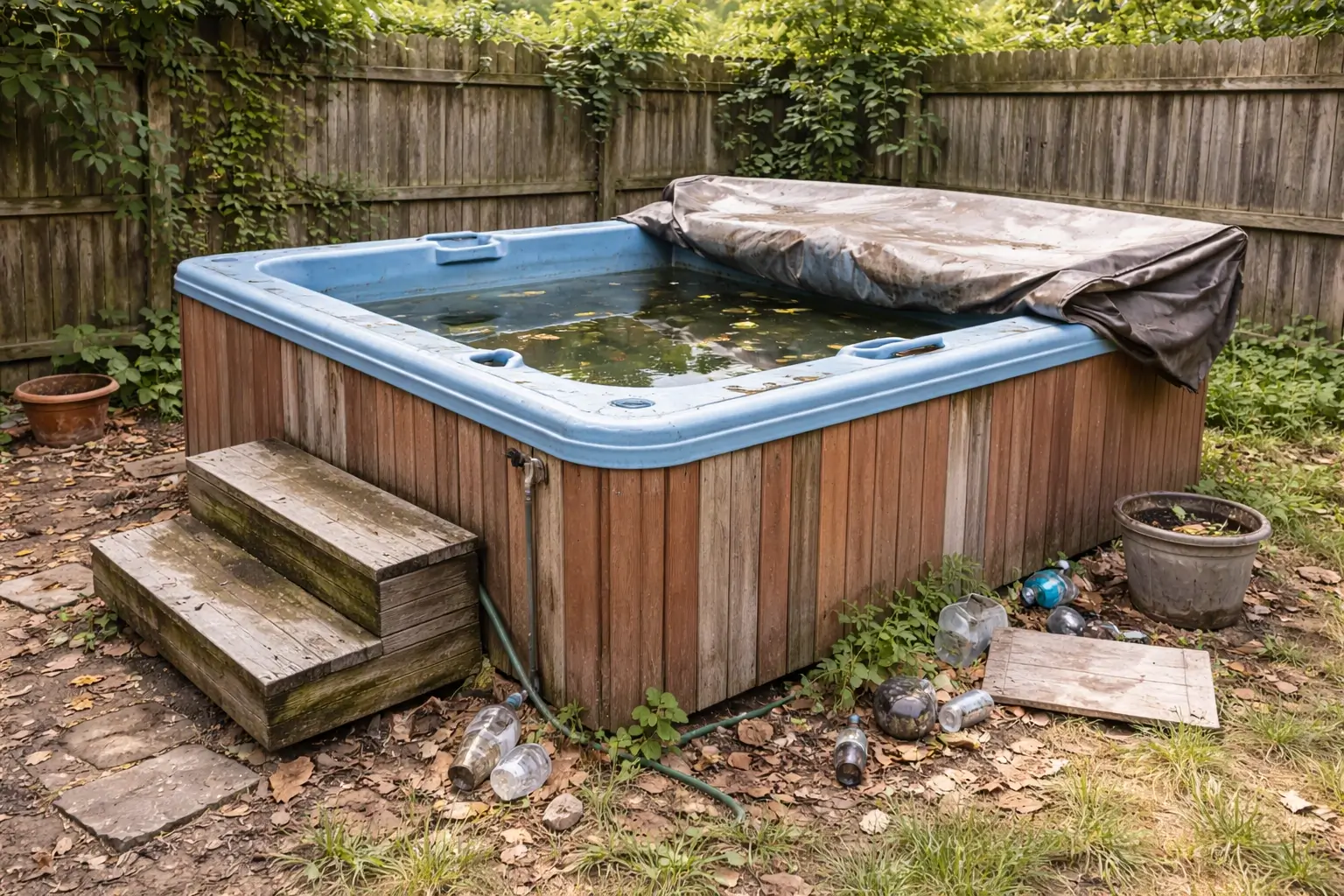 A disused backyard hot tub with a weathered wood skirt and a torn cover pulled halfway back, holding standing water and fallen leaves