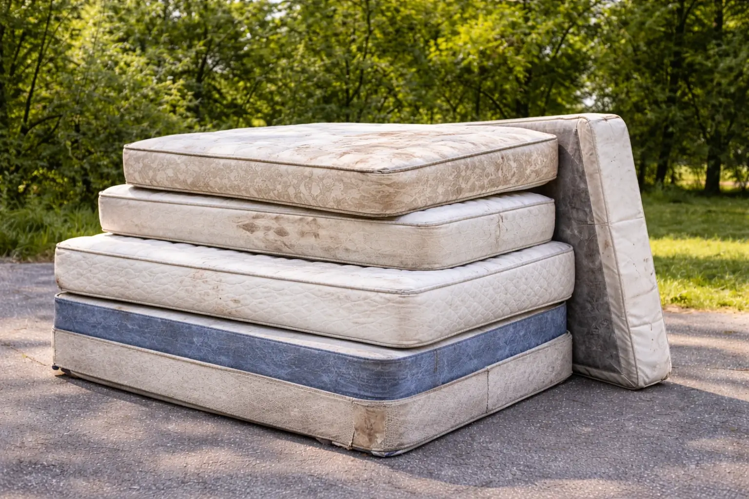 Four stained mattresses and a box spring stacked on a gravel driveway, with a fifth mattress leaning upright against the stack