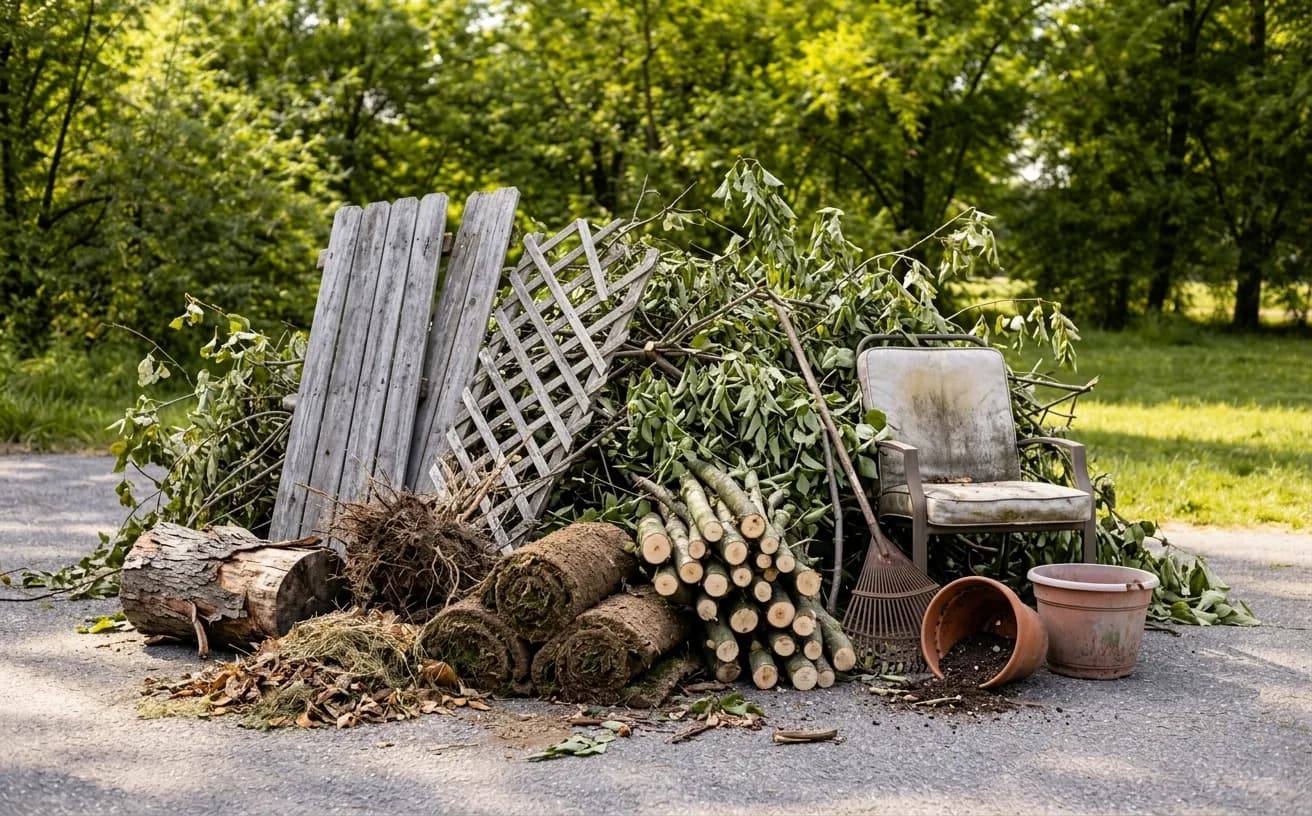 A pile of cut branches and brush with bundled limbs, rolls of sod, raked leaves, weathered fence panels, a broken trellis and an old patio chair on a gravel driveway