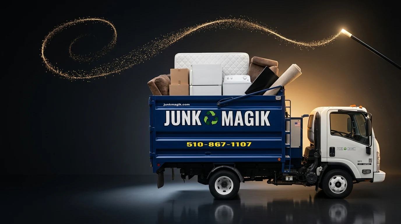 A junk removal truck filled with old furniture and boxes on its way out, gold sparkles trailing from a magic wand above the load representing Junk Magic Company.
