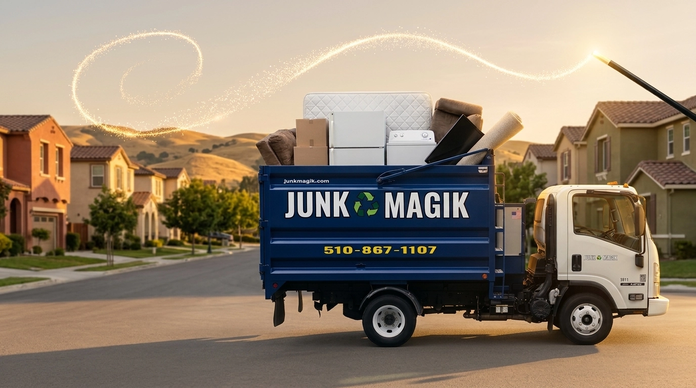 AI-generated image of a Junk Magik truck loaded with a mattress, appliances, furniture and boxes on a suburban street at sunset, with a magic wand trailing gold sparkles above.